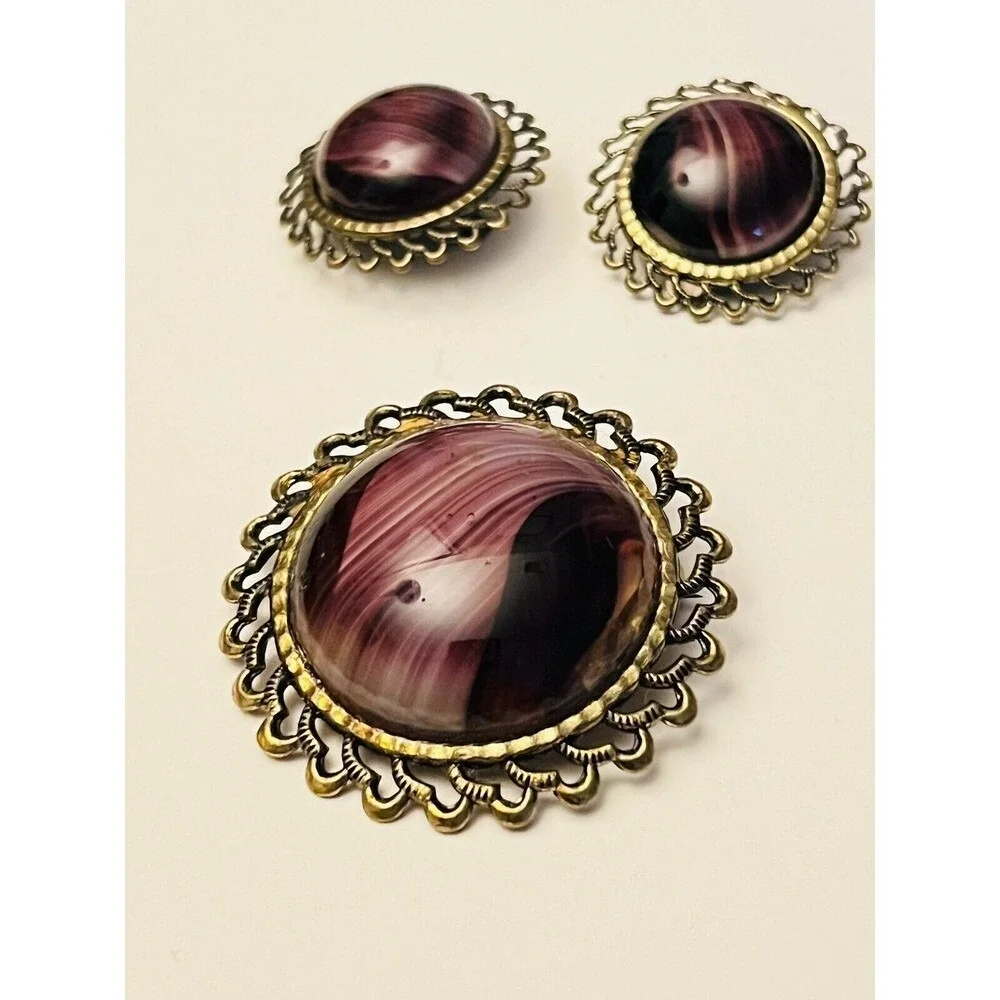 VTG west Germany Pin Brooch matching set earrings Mogul purple glass cabochon‎
